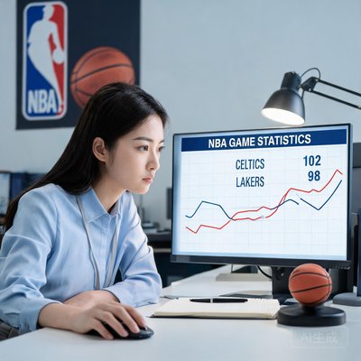 NBA数据分析师李婷，在电脑前分析比赛数据图表